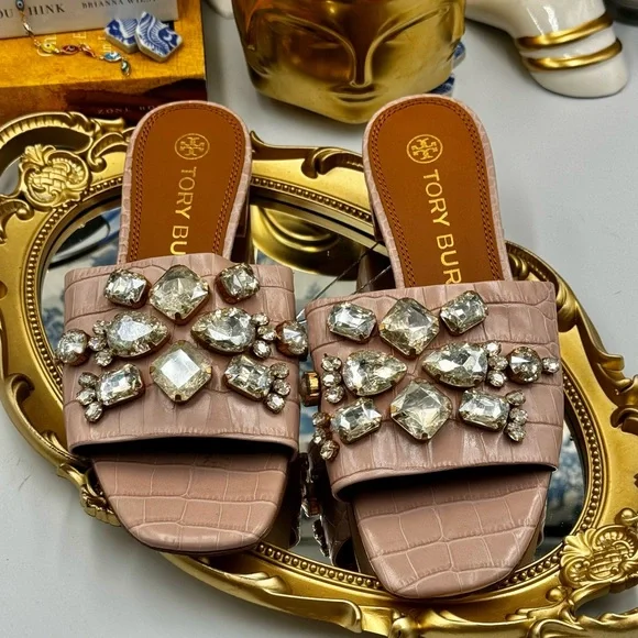 🆕 TORY BURCH 🧿 NWOT Martine 25mm Slides, Pink Croc Embossed Crystal, Sz 7 - Picture 3 of 16